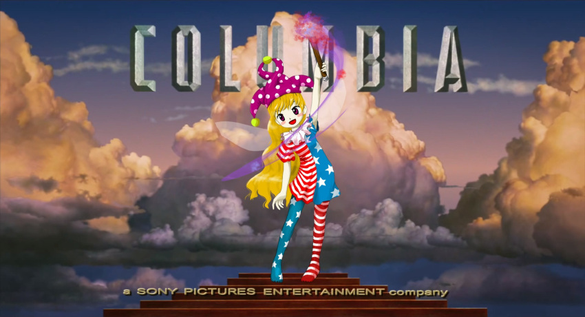 1girl american_flag american_flag_legwear blonde_hair cloud_background clownpiece columbia_pictures fairy hat highres jester jester_cap long_hair parody podium smile torch touhou zun_(artist)