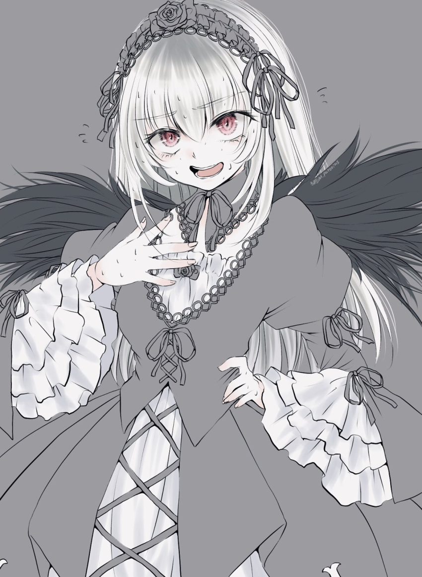 1girl black_dress black_wings commentary_request dress flustered frilled_sleeves frills gothic_lolita grey_background hairband hand_on_own_chest highres kiru_(m_putorius) lolita_fashion lolita_hairband long_hair looking_at_viewer open_mouth pink_eyes rozen_maiden simple_background sketch solo suigintou sweat upper_body white_hair wide_sleeves wings