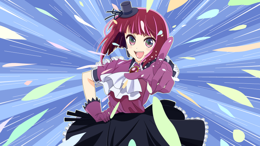 1girl :d absurdres arima_kana ascot babmouse black_skirt blue_eyes blush bob_cut collared_shirt commentary english_commentary frilled_skirt frilled_sleeves frills gloves green_eyes hand_on_own_hip hat highres idol idol_clothes inverted_bob looking_at_viewer medium_hair microsoft_paint_(medium) mini_hat mini_top_hat mixed-language_commentary multicolored_eyes open_mouth oshi_no_ko outline pink_eyes pink_gloves pink_shirt pointing pointing_at_viewer puffy_short_sleeves puffy_sleeves red_brooch redhead shirt short_sleeves skirt smile solo teeth top_hat white_ascot white_outline