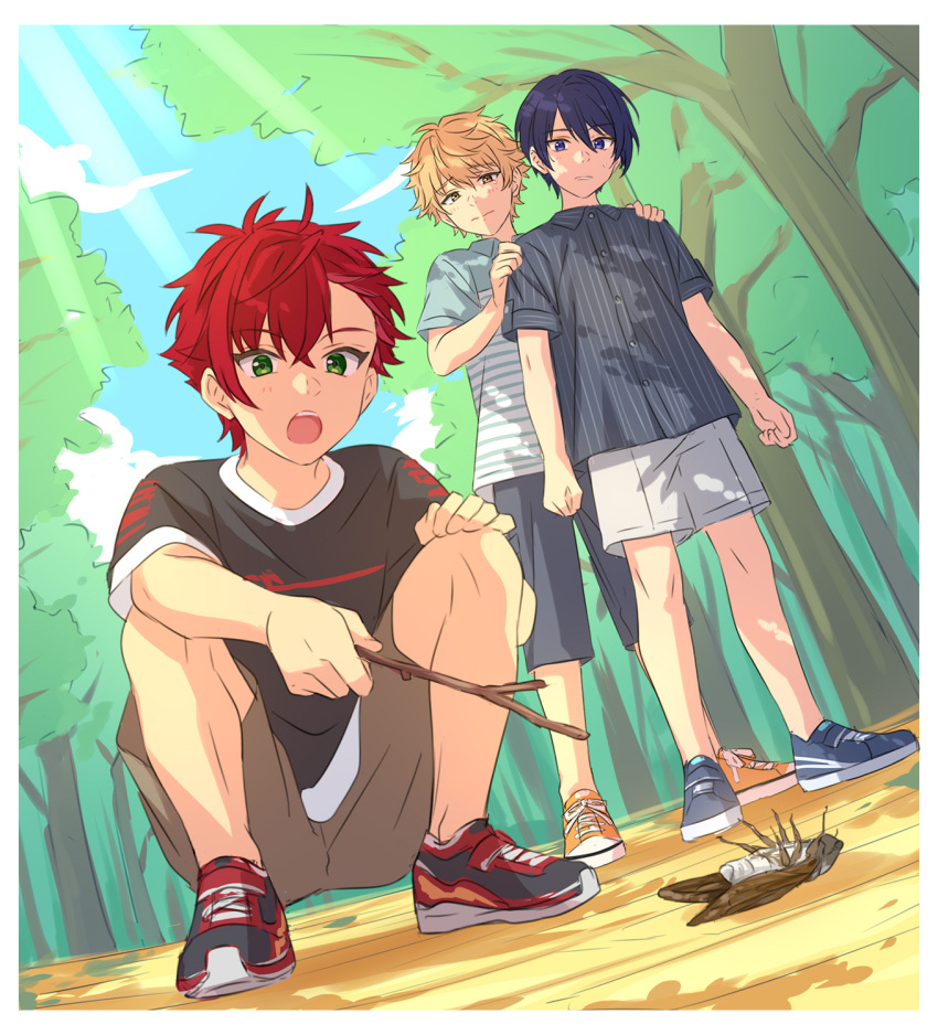 3boys aged_down blonde_hair blue_eyes blue_hair border bug buttons clenched_hands closed_mouth collared_shirt commentary_request dark_blue_hair dress_shirt full_body green_eyes grey_shorts hand_on_own_knee hands_on_another's_shoulders helios_rising_heroes highres holding holding_stick kisaragi_ren_(helios_rising_heroes) male_child male_focus multiple_boys open_mouth otori_akira outdoors parted_lips partial_commentary redhead sekina shirt short_hair short_sleeves shorts split_mouth squatting standing stick teeth tree upper_teeth_only white_border will_sprout yellow_eyes yellow_footwear