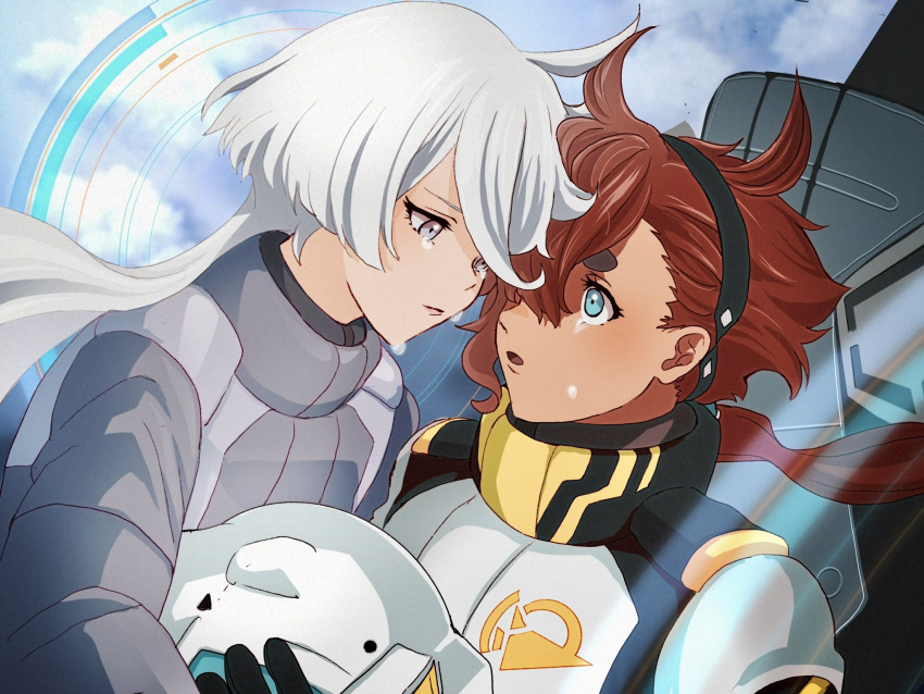 2girls ahoge aqua_eyes black_hairband closed_mouth clouds cockpit crying crying_with_eyes_open grey_eyes grey_hair gundam gundam_suisei_no_majo hair_between_eyes hairband helmet highres holding holding_helmet long_hair long_sleeves looking_at_another low_ponytail miorine_rembran mobile_suit multiple_girls open_mouth redhead sad suletta_mercury swept_bangs tears thick_eyebrows upper_body yooooi