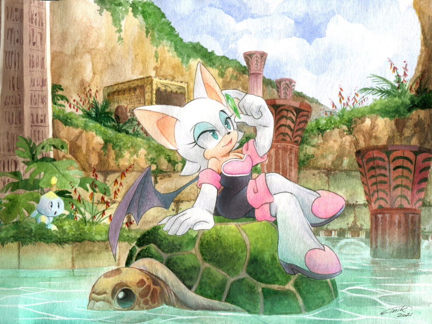 1girl bat_wings blue_sky boots chao_(sonic) clouds dated finik gem gloves grass green_gemstone highres holding holding_gem leaf outdoors rouge_the_bat signature sitting sky sonic_(series) turtle water white_gloves wings