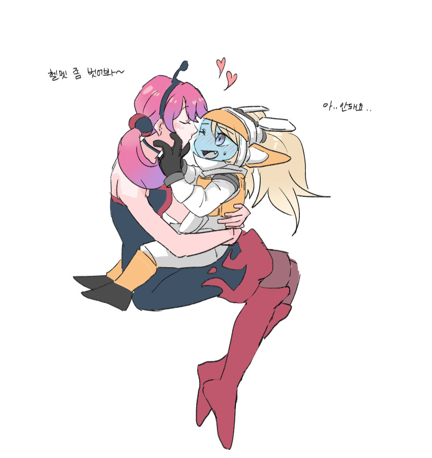 2girls ;d astronaut astronaut_poppy bare_arms bare_shoulders black_dress black_gloves blush boots dress fang from_side gloves gwen_(league_of_legends) heart highres hug imminent_kiss kiss league_of_legends long_hair looking_at_another multiple_girls on_lap one_eye_closed open_mouth pantyhose pink_hair pointy_ears poppy_(league_of_legends) red_footwear sitting smile space_groove_gwen translation_request twintails xayahsona_27 yordle yuri