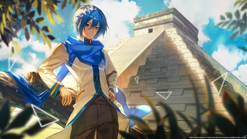 1boy blue_eyes blue_hair blue_scarf chichen_itza closed_mouth clouds commentary cowboy_shot daniel_deng english_commentary hair_between_eyes hand_on_own_hip headset highres kaito_(vocaloid) leaf log long_sleeves looking_at_viewer male_focus outdoors project_sekai scarf short_hair solo vocaloid