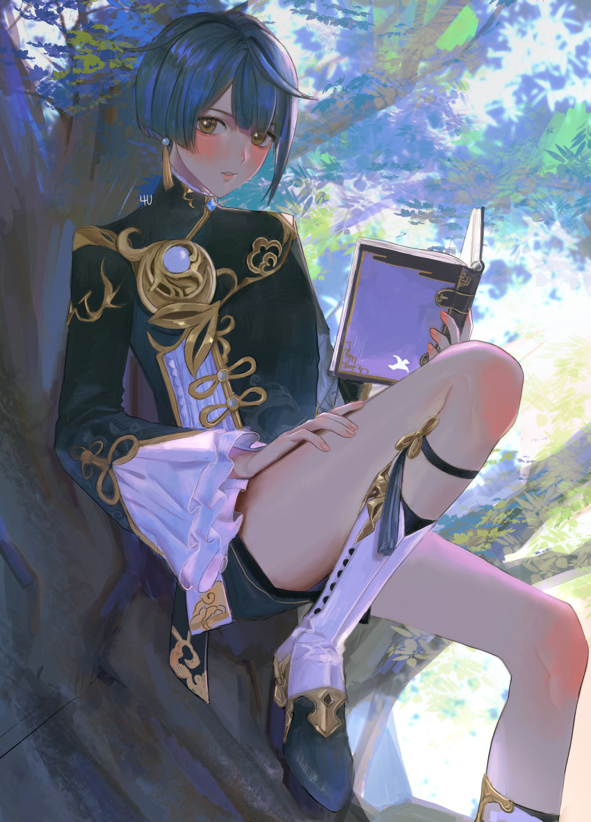 1boy 4the2ofus absurdres blue_hair blush book boots earrings frilled_sleeves frills genshin_impact highres holding holding_book in_tree jewelry long_sleeves looking_at_viewer male_focus orange_eyes parted_lips shorts signature single_earring sitting sitting_in_tree solo tassel tassel_earrings tree xingqiu_(genshin_impact)
