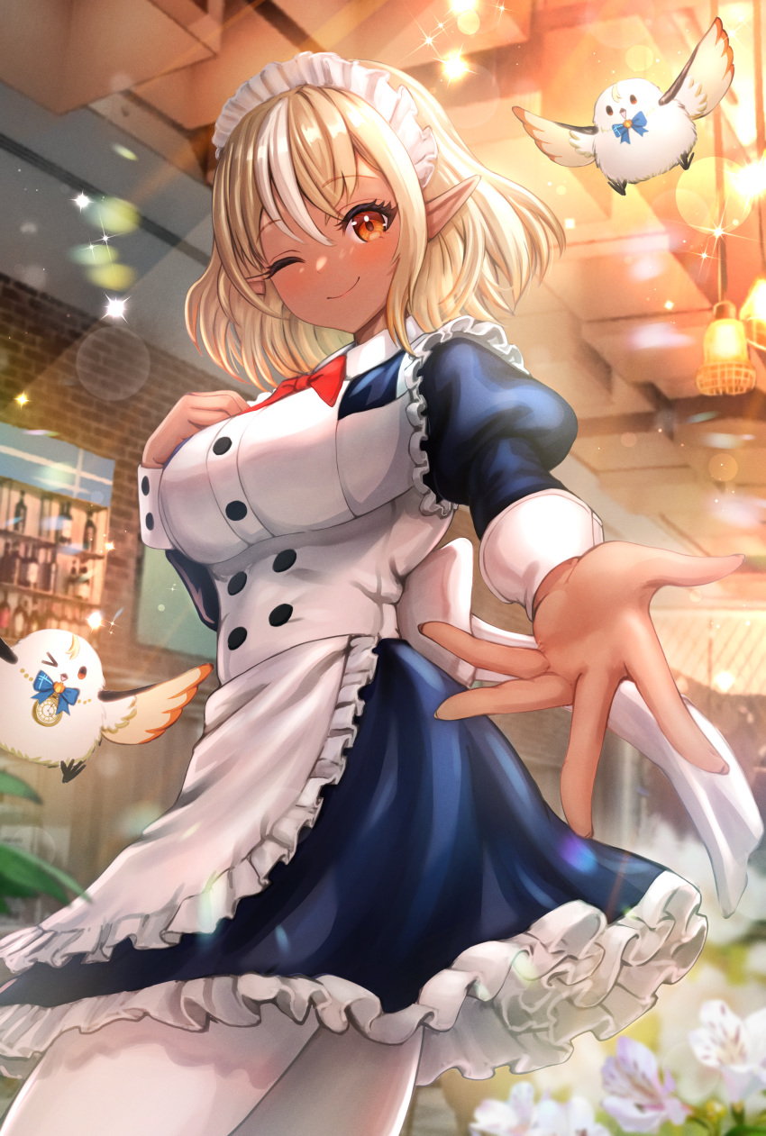 1girl absurdres alternate_costume apron bird black_dress blonde_hair bob_cut breasts commentary dark-skinned_female dark_skin dress elfriend_(shiranui_flare) enmaided frilled_apron frilled_dress frills highres hololive large_breasts maid maid_apron maid_headdress one_eye_closed orange_eyes pantyhose pointy_ears reaching reaching_towards_viewer revision shiranui_flare virtual_youtuber wajuniorbox white_pantyhose