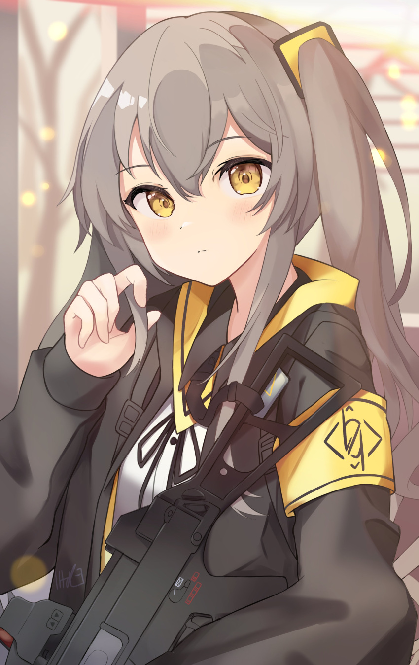 1girl absurdres black_jacket black_ribbon blurry blurry_background breasts closed_mouth depth_of_field girls_frontline grey_hair gun h&amp;k_ump hair_ornament hand_up highres jacket kiritapon_(ihoke_) long_hair long_sleeves looking_at_viewer name_connection neck_ribbon object_namesake one_side_up open_clothes open_jacket puffy_long_sleeves puffy_sleeves ribbon shirt sleeves_past_wrists small_breasts solo submachine_gun ump45_(girls'_frontline) upper_body weapon white_shirt yellow_eyes