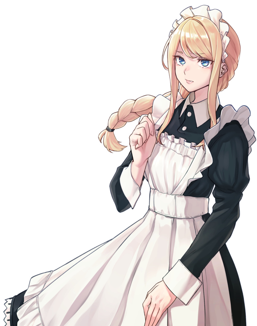 1girl apron biting black_dress blue_eyes blush braid dress french_braid frilled_apron frills highres lip_biting long_hair long_sleeves maid maid_apron maid_headdress nose_blush one_eye_closed open_mouth original parted_bangs puffy_long_sleeves puffy_sleeves saliva simple_background solo sweat swept_bangs tongue tongue_out transparent_background uso_ashio white_apron wince