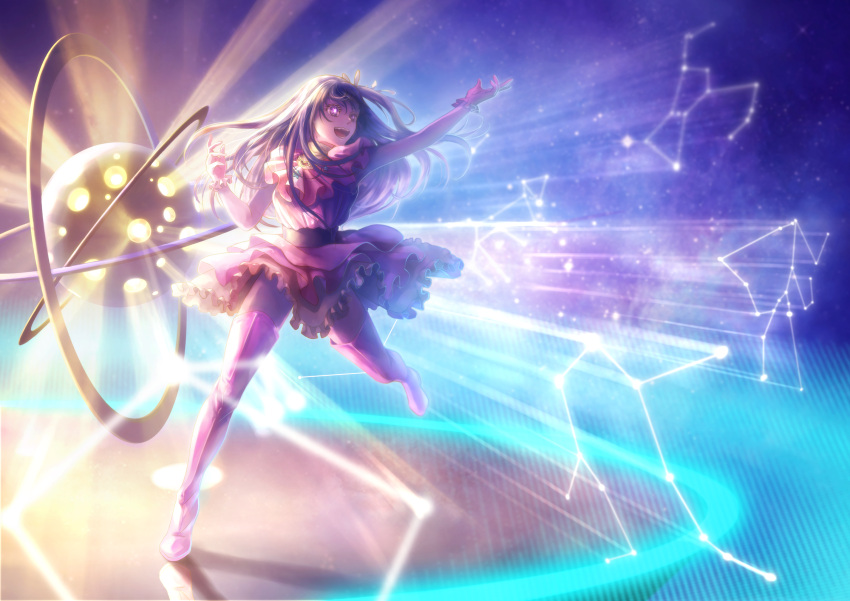 1girl :d arm_up boots brooch commentary_request constellation constellation_request dress floating_hair frilled_dress frilled_gloves frills full_body gloves hair_ornament hair_ribbon heart heart_brooch highres hoshino_ai_(oshi_no_ko) idol idol_clothes jewelry jhon_(potemknh_jhon) long_hair one_side_up open_mouth oshi_no_ko partial_commentary pink_dress pink_footwear pink_gloves purple_hair rabbit_hair_ornament reflection reflective_floor ribbon sidelocks sky sleeveless sleeveless_dress smile solo standing star-shaped_pupils star_(sky) star_(symbol) starry_sky symbol-shaped_pupils teeth thigh_boots turtleneck_dress violet_eyes