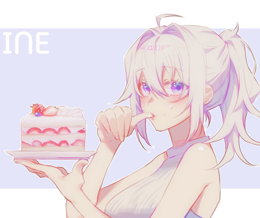 1girl ahoge bare_shoulders blue_background blueberry blush border cake cake_slice cream cream_on_face finger_in_own_mouth food food_on_face from_side fruit hair_between_eyes hair_intakes highres holding holding_plate letterboxed long_hair looking_at_viewer looking_to_the_side mometsu_033 original outside_border plate ponytail shirt sidelocks simple_background sleeveless sleeveless_shirt solo strawberry strawberry_shortcake thumb_sucking upper_body violet_eyes whipped_cream white_border white_hair white_shirt