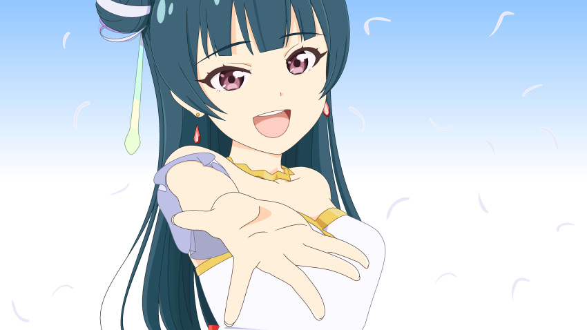 1girl :d absurdres babmouse bare_shoulders blue_background blue_hair choppy_bangs collarbone commentary detached_sleeves dress earrings english_commentary far_far_away_(love_live!) genjitsu_no_yohane gradient_hair hair_bun head_tilt highres jewelry long_hair looking_at_viewer love_live! love_live!_sunshine!! making-of_available microsoft_paint_(medium) mixed-language_commentary multicolored_hair necklace open_mouth reaching reaching_towards_viewer red_eyes shadow sidelocks single_earring smile solo star_(symbol) star_necklace strapless strapless_dress tsushima_yoshiko upper_body white_background