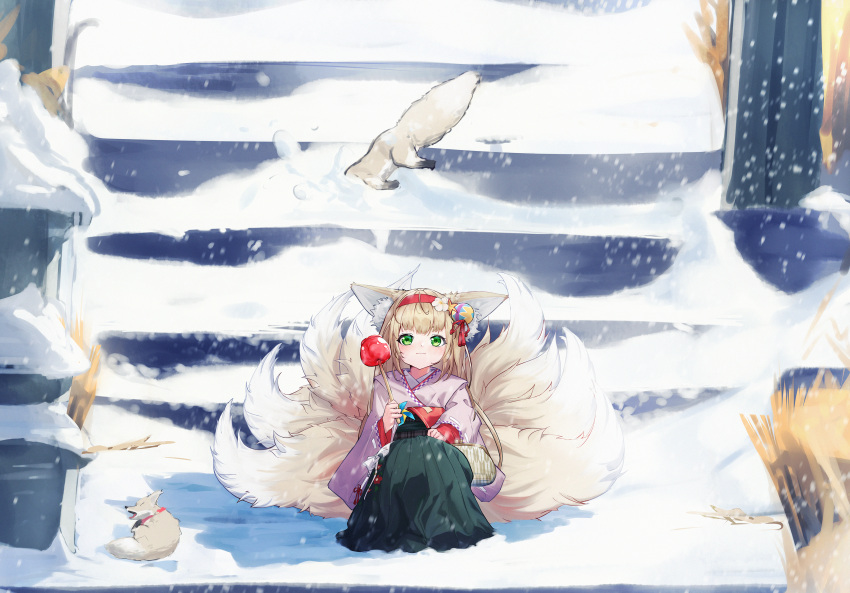 18301639225 1girl :3 absurdres animal_ear_fluff animal_ears arknights black_hakama blonde_hair blush candy_apple chinese_commentary closed_mouth coin_purse commentary_request floral_print flower food fox fox_ears fox_girl fox_tail green_eyes hair_flower hair_ornament hairband hakama hakama_skirt highres holding holding_food japanese_clothes kimono kitsune kyuubi long_sleeves looking_at_viewer multiple_tails obi official_alternate_costume partial_commentary pink_kimono pinwheel pleated_skirt red_hairband sash sitting skirt snow solo suzuran_(arknights) suzuran_(yukibare)_(arknights) tail tassel wide_sleeves winter yagasuri