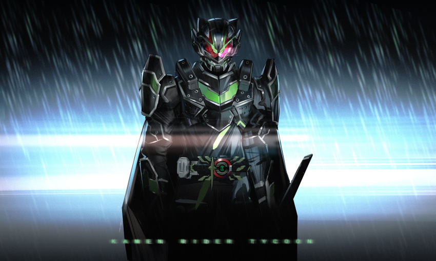 1boy absurdres animal_ears armor black_armor black_bodysuit bodysuit bujinsword_buckle character_name commentary desire_driver english_text highres holding holding_sword holding_weapon jiuri_jiuhao kamen_rider kamen_rider_geats_(series) kamen_rider_tycoon kamen_rider_tycoon_bujinsword male_focus night power_armor raccoon_ears rain red_eyes sword symbol-only_commentary water_drop weapon