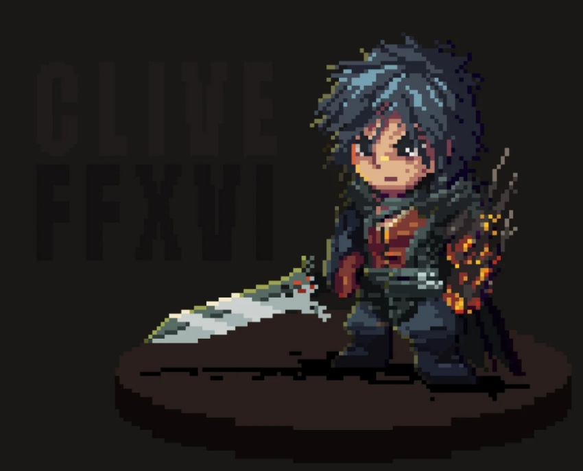 1boy black_cape black_hair cape clive_rosfield closed_mouth final_fantasy final_fantasy_xvi holding holding_sword holding_weapon pixel_art red_shirt shirt short_hair simple_background solo sword weapon zipflop