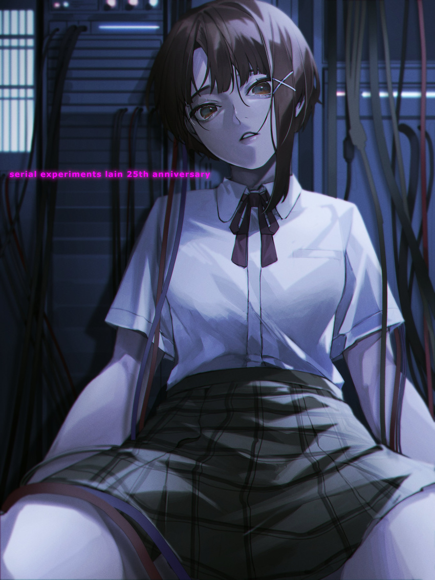 1girl absurdres anniversary asymmetrical_hair brown_eyes brown_hair cable collared_shirt commentary_request computer hair_ornament hairclip highres iwakura_lain looking_at_viewer neck_ribbon otochi_(otc_so) parted_lips ribbon serial_experiments_lain shirt short_hair short_sleeves single_sidelock sitting skirt solo white_shirt x_hair_ornament