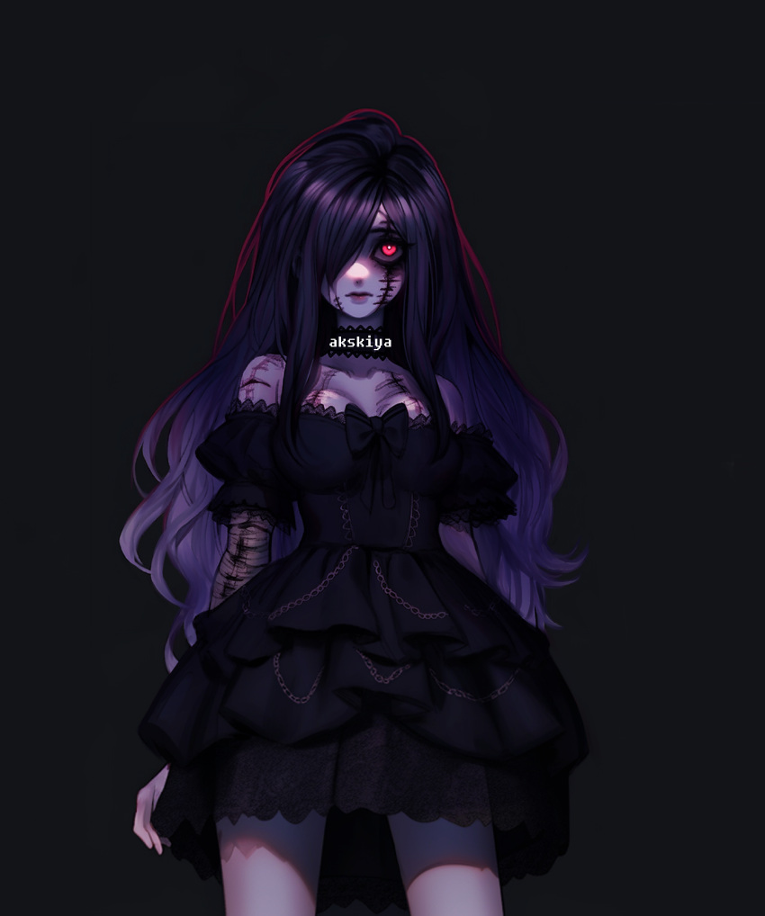 1girl bad_source bow corpse cuts doll dress expressionless gothic gothic_lolita highres injury lolita_fashion long_hair red_eyes solo stitches zombie