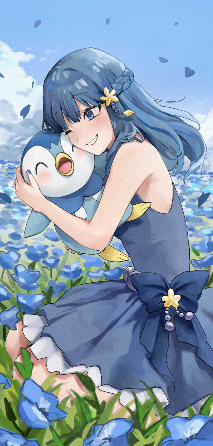 1girl absurdres bare_arms blue_eyes blue_flower blue_nails blush bow braid clouds commentary_request day dress eyelashes falling_petals field flower flower_field grass grin hair_ornament highres hikari_(pokemon) holding holding_pokemon nail_polish nanami_(u_nanamiii) one_eye_closed outdoors petals piplup pokemon pokemon_(creature) pokemon_(game) pokemon_dppt sky sleeveless sleeveless_dress smile teeth