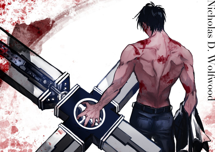 1boy belt black_belt black_hair black_jacket black_pants blood blood_on_chest blood_on_face character_name cowboy_shot cross_punisher from_behind highres holding holding_clothes holding_jacket jacket large_cross male_focus nicholas_d._wolfwood oxalicacid23 pants short_hair solo standing trigun white_background
