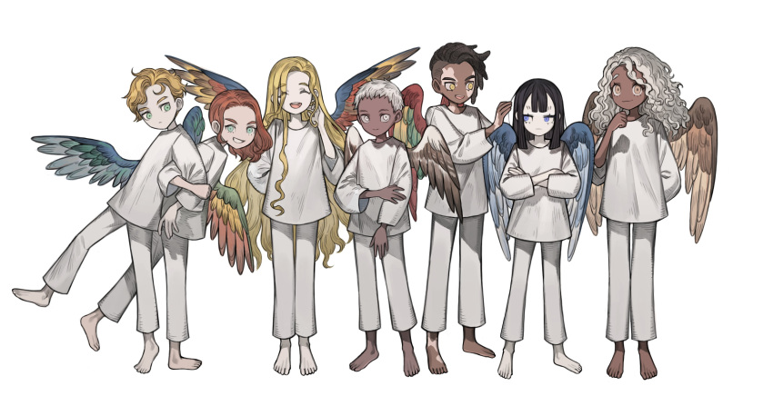 3boys 4girls :/ :3 absurdres back-to-back barefoot bird_boy bird_girl bird_wings black_hair blonde_hair blue_eyes blue_wings blunt_bangs brown_eyes brown_hair brown_wings closed_eyes crossed_arms curly_hair dark-skinned_female dark-skinned_male dark_skin dreadlocks english_commentary feathered_wings female_child full_body green_eyes grin hand_up highres locked_arms long_hair long_sleeves looking_at_viewer male_child medium_hair multiple_boys multiple_girls napal_(ve_xillum) open_mouth original pale_skin playing_with_another's_hair playing_with_own_hair red_wings redhead shirt short_hair sidecut simple_background smile solo standing very_long_hair very_short_hair vitiligo white_background white_eyes white_hair white_shirt wings yellow_eyes yellow_wings