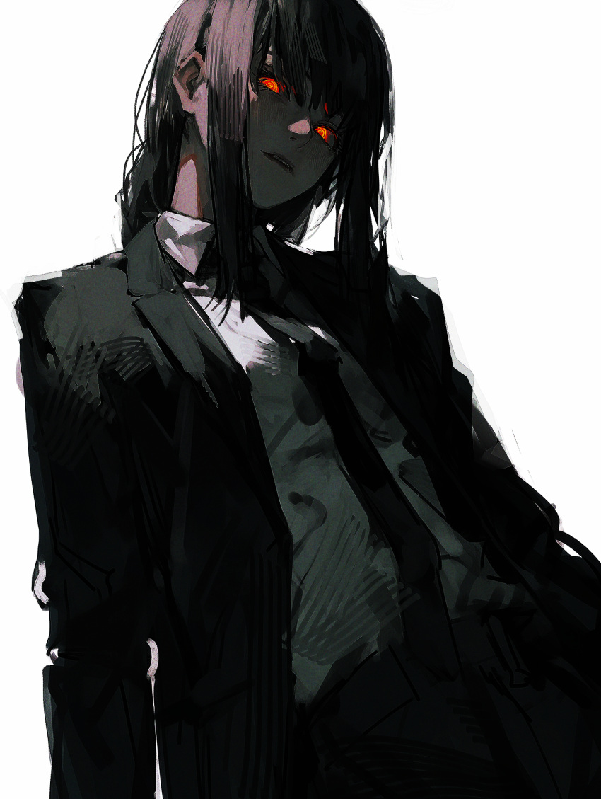 1girl 96yottea absurdres black_hair black_necktie blunt_bangs blush braid business_suit candy chainsaw_man cowboy_shot crazy_eyes food hair_between_eyes highres jacket lollipop long_hair looking_at_viewer looking_down makima_(chainsaw_man) messy_hair monochrome necktie open_clothes open_jacket red_eyes shaded_face shadow shirt sidelocks simple_background single_braid solo suit swirl_lollipop white_background white_shirt