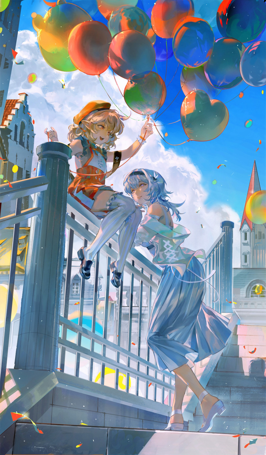 2girls absurdres aky alternate_costume balloon bare_shoulders black_hairband blue_hair blue_sky cabbie_hat clouds commentary confetti drinkdrink eula_(genshin_impact) from_below genshin_impact hair_ornament hairband hat high_heels highres holding holding_balloon klee_(genshin_impact) light_blue_dress light_brown_hair low_twintails medium_hair multiple_girls open_mouth outdoors pointy_ears railing sitting sky stairs symbol-only_commentary thigh-highs twintails