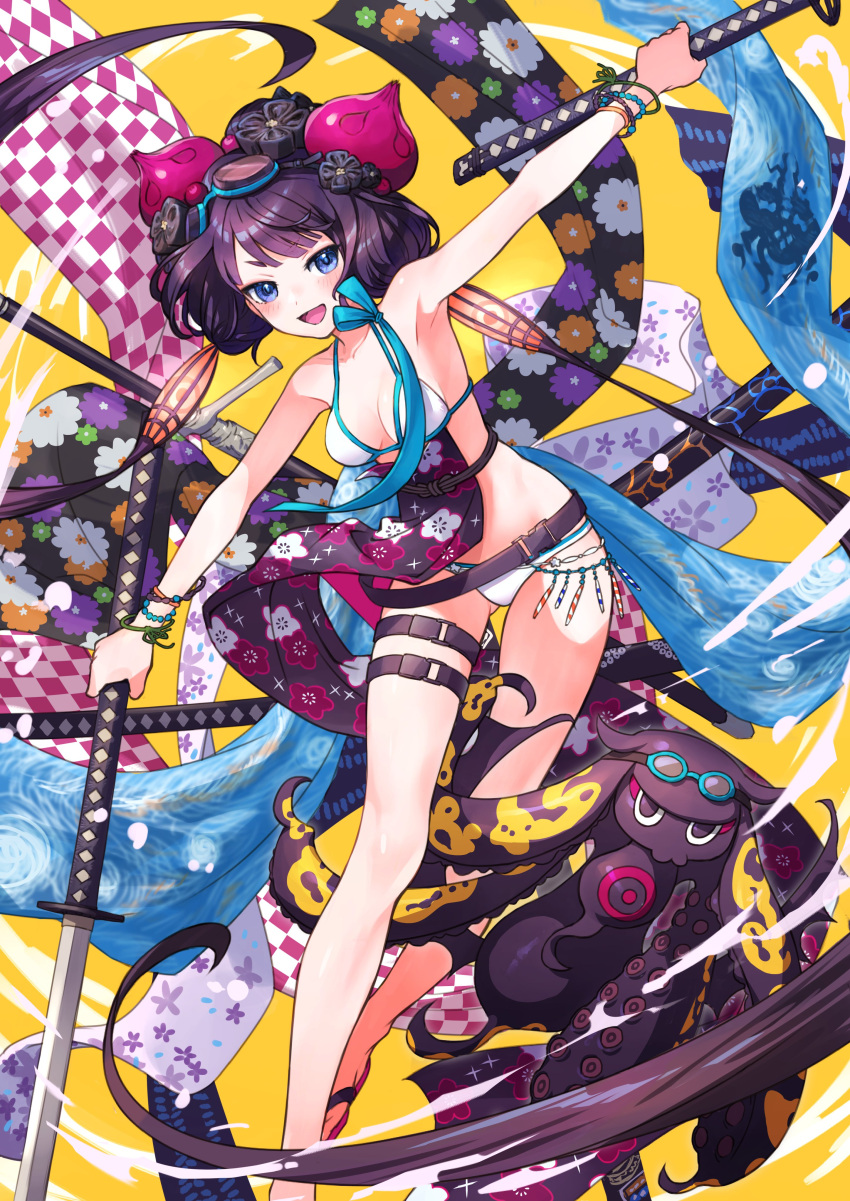 1girl :d absurdres bare_shoulders beads bikini blue_eyes blush bracelet breasts collarbone dual_wielding fate/grand_order fate_(series) floral_print goggles goggles_on_head hair_ornament highres holding holding_sword holding_weapon jewelry katana katsushika_hokusai_(fate) katsushika_hokusai_(swimsuit_saber)_(fate) leg_belt long_hair looking_at_viewer low_twintails medium_breasts multiple_swords nemoto_yuuma octopus open_mouth plum_blossom_print purple_hair smile solo swimsuit sword thigh_strap twintails weapon white_bikini