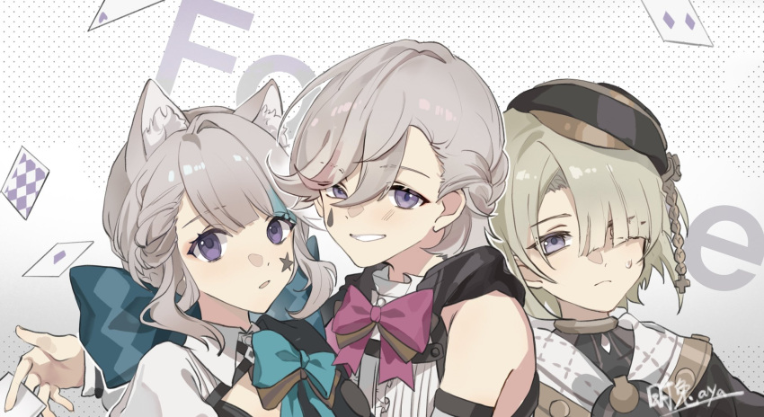 1girl 2boys androgynous animal_ears asymmetrical_bangs beret black_headwear blonde_hair brother_and_sister brothers card cat_ears cat_girl closed_mouth facial_mark freminet_(genshin_impact) genshin_impact grey_hair hair_over_one_eye hat highres long_hair long_sleeves looking_at_viewer lynette_(genshin_impact) lyney_(genshin_impact) multiple_boys playing_card shimianaya short_hair siblings simple_background star_(symbol) star_facial_mark star_tattoo tattoo teardrop_facial_mark teardrop_tattoo violet_eyes white_background