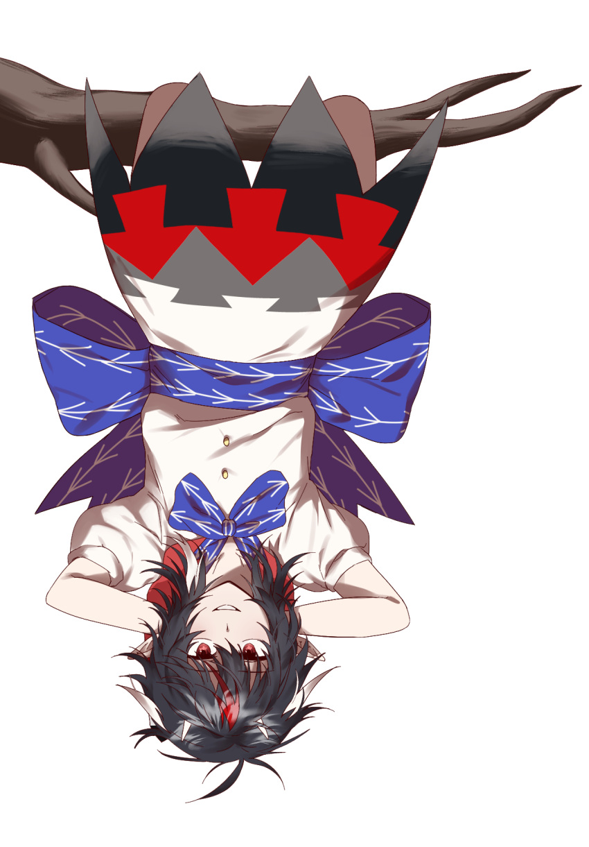 1girl arms_behind_head black_hair branch commentary dress highres horns kijin_seija multicolored_clothes multicolored_dress pointy_ears qnfkdwk21 red_eyes redhead simple_background smile solo touhou trick_or_treat upside-down white_background white_dress