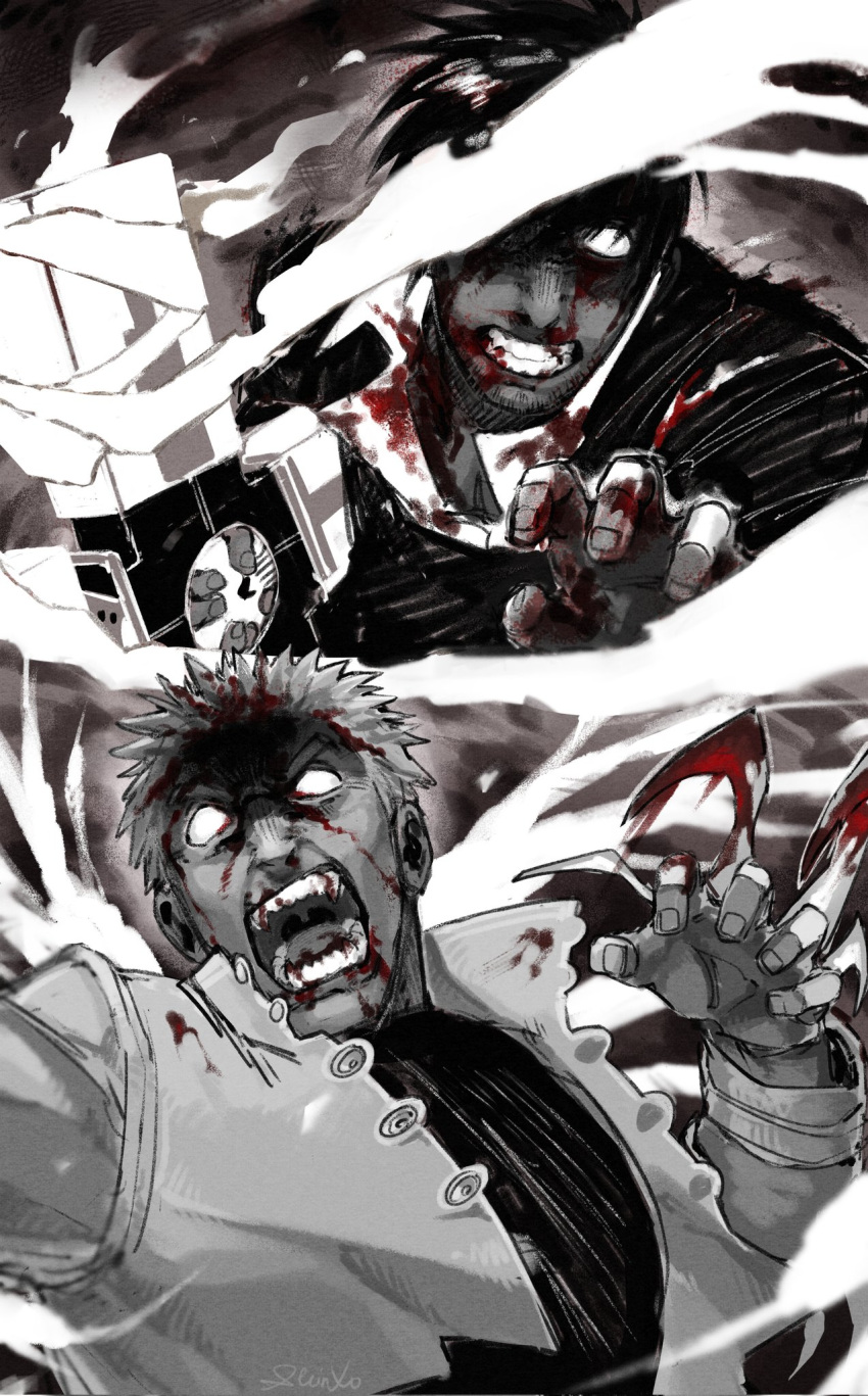 2boys blank_eyes blood blood_on_clothes blood_on_face blood_on_hands clenched_teeth cross_punisher fighting_stance greyscale hand_up highres jacket large_cross male_focus maomango_doodle millions_knives monochrome multiple_boys nicholas_d._wolfwood open_mouth shirt short_hair spiky_hair spot_color teeth trigun v-shaped_eyebrows