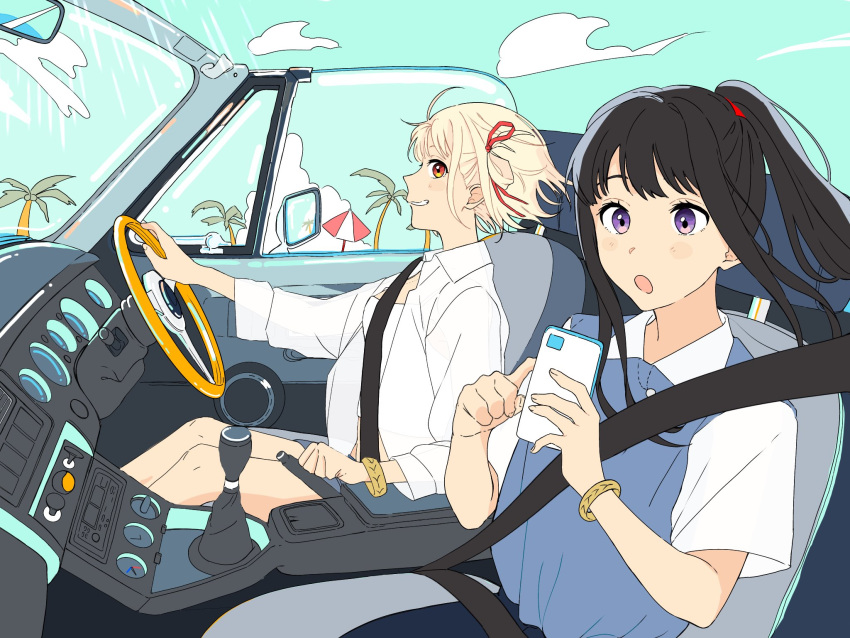 2girls black_hair blonde_hair blue_vest blush bracelet camisole car cellphone collared_shirt commentary driving floating_hair hair_ribbon highres holding holding_phone inoue_takina jewelry long_sleeves looking_at_viewer lycoris_recoil matching_accessory motor_vehicle multiple_girls nishikigi_chisato one_side_up open_clothes open_mouth open_shirt phone ponytail red_eyes red_ribbon ribbon seatbelt see-through see-through_shirt shirt short_sleeves sidelocks smartphone smile spaghetti_strap vest violet_eyes white_camisole white_shirt yomo_(moo_777_moo)