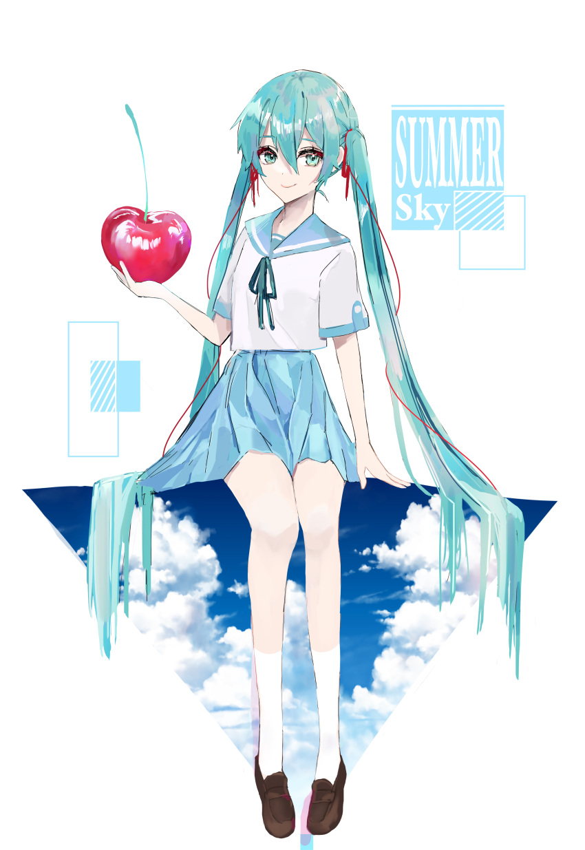 1girl absurdres aqua_eyes aqua_hair aqua_ribbon arm_support blue_sailor_collar blue_skirt blue_theme brown_footwear cherry closed_mouth clouds cumulonimbus_cloud double_exposure english_text food fruit hair_between_eyes hair_ribbon hatsune_miku highres holding holding_food loafers long_hair looking_at_viewer neck_ribbon oversized_food oversized_object pleated_skirt red_ribbon ribbon sailor_collar school_uniform serafuku shirt shoes short_sleeves sidelocks simple_background sitting skirt smile socks solo string string_of_fate twintails very_long_hair vocaloid white_background white_serafuku white_shirt white_socks ya29_i