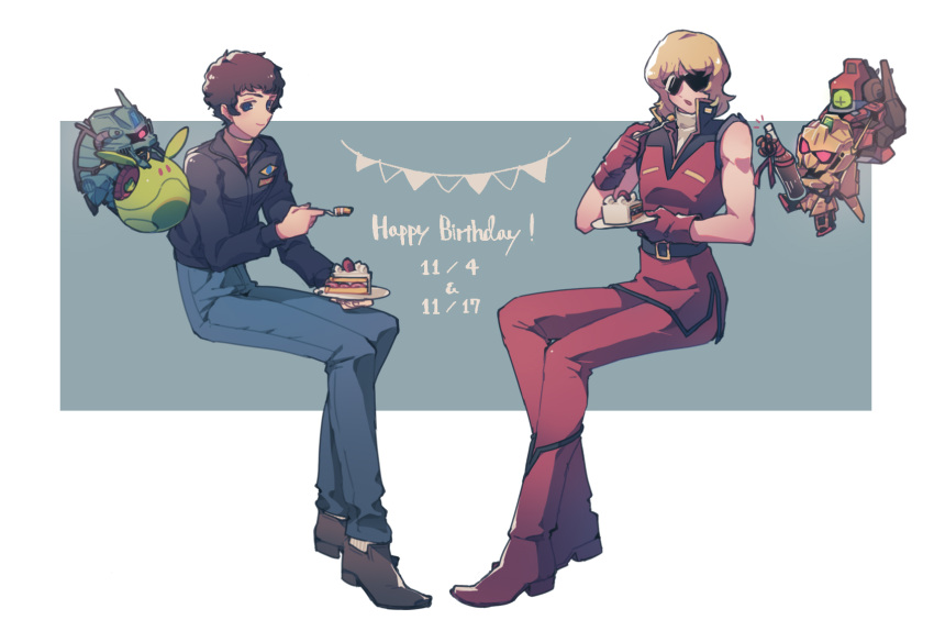 2boys :o amuro_ray black_jacket blonde_hair blue_background blue_eyes blue_pants boots bottle brown_footwear brown_hair cake cake_slice char_aznable character_request closed_mouth eating food fork full_body gloves gundam happy_birthday haro highres holding holding_fork holding_plate hyaku_shiki invisible_chair jacket long_sleeves male_focus mecha multiple_boys pants pennant pin_(penco_co) plate quattro_vageena red_footwear red_gloves red_jacket red_pants robot shirt short_hair sideways_glance simple_background sitting sleeveless sleeveless_jacket sleeveless_shirt smile socks strawberry_shortcake string_of_flags sunglasses turtleneck white_background white_shirt white_socks wine_bottle yellow_shirt zeta_gundam