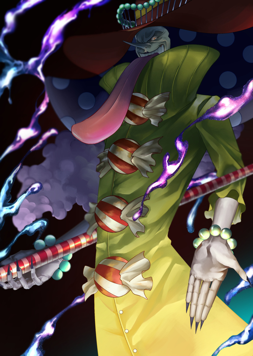 1boy absurdres candy charlotte_perospero coat colored_skin evil_smile feet_out_of_frame fingernails food hat high_collar highres itaru_(kidomh63) large_hands large_hat lollipop long_fingernails long_nose long_tongue looking_at_viewer male_focus one_piece open_mouth red_eyes sharp_fingernails short_hair smile solo standing teeth telekinesis tongue tongue_out v-shaped_eyebrows very_long_tongue white_skin yellow_coat