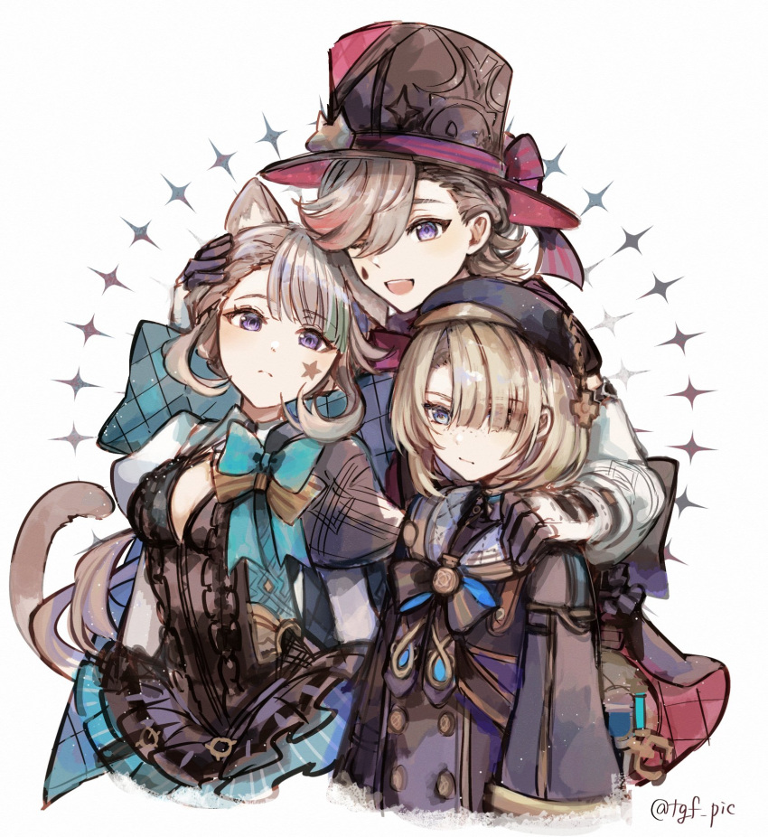 1girl 2boys :&lt; :d animal_ear_fluff animal_ears artist_name beret black_bow black_bowtie black_gloves black_headwear black_jacket black_leotard blonde_hair blue_bow blue_bowtie blue_eyes blunt_bangs blush bow bowtie breasts brooch brother_and_sister brothers buttons cat_ears cat_girl cat_tail closed_mouth commentary_request expressionless eyelashes eyes_visible_through_hair facial_mark freckles freminet_(genshin_impact) frilled_leotard frills frown genshin_impact gloves grey_hair hair_behind_ear hair_between_eyes hair_over_one_eye hand_on_another's_head hand_on_another's_shoulder hat highres jacket jewelry juliet_sleeves leotard long_hair long_sleeves looking_at_viewer low_ponytail lynette_(genshin_impact) lyney_(genshin_impact) medium_breasts multiple_boys one_eye_closed open_mouth parted_bangs ponytail puffy_sleeves short_hair shrug_(clothing) siblings simple_background smile star_(symbol) star_facial_mark swept_bangs tail teardrop_facial_mark teeth tgf_pic top_hat twitter_username two-tone_gloves upper_teeth_only violet_eyes white_background white_gloves wide_sleeves