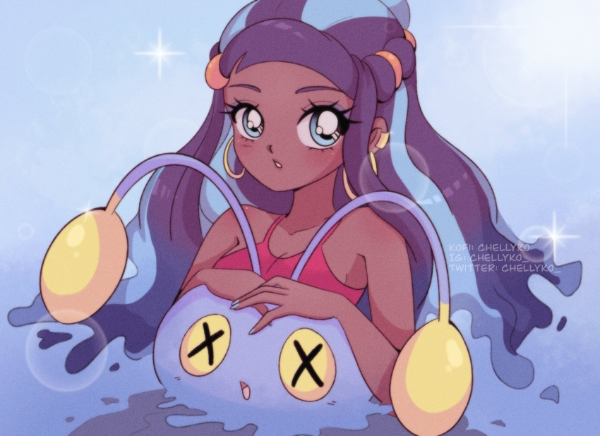 1990s_(style) 1girl animal artist_name black_hair blue_eyes blue_hair blush breasts chelly_(chellyko) chinchou collarbone dark_skin earrings fish halterneck highres instagram_username jewelry lens_flare long_hair looking_at_viewer multicolored_hair nessa_(pokemon) parted_lips partially_submerged pokemon pokemon:_twilight_wings pokemon_(creature) pokemon_(game) pokemon_swsh red_shirt retro_artstyle shirt small_breasts sparkle teeth twitter_username two-tone_hair very_dark_skin water watermark x_x
