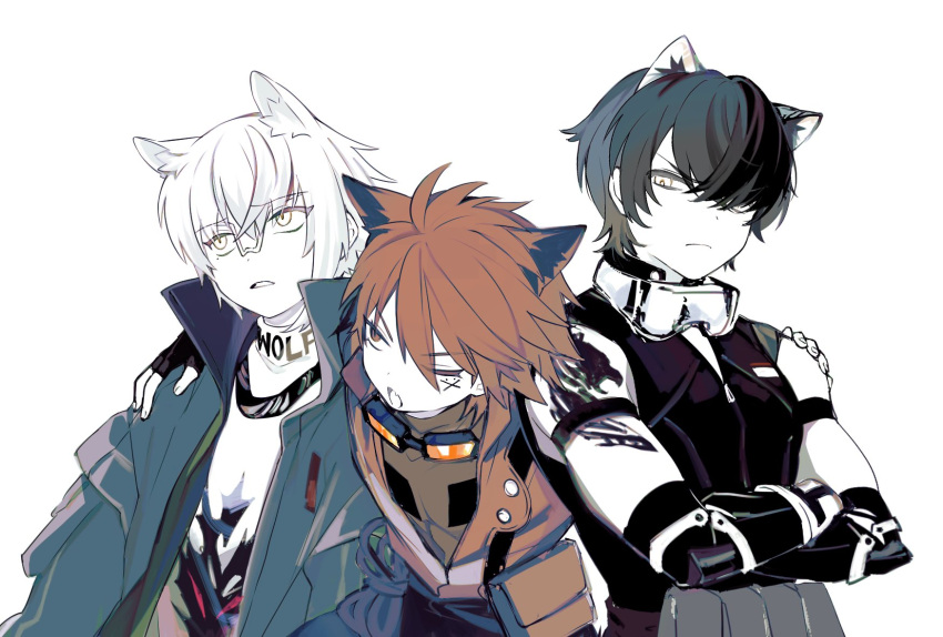 3boys ahoge animal_ear_fluff animal_ears aosta_(arknights) arknights arm_around_shoulder arm_tattoo black_gloves black_hair black_shirt broca_(arknights) brown_hair chiave_(arknights) coat dashijiru fingerless_gloves gloves goggles goggles_around_neck green_coat hair_over_one_eye highres jacket leaning_forward multiple_boys one_eye_closed open_clothes open_coat open_mouth orange_eyes orange_jacket pouch scar scar_on_face shirt simple_background sleeveless sleeveless_shirt swept_bangs tattoo white_background white_eyes white_hair white_shirt wolf_boy wolf_ears x yellow_eyes
