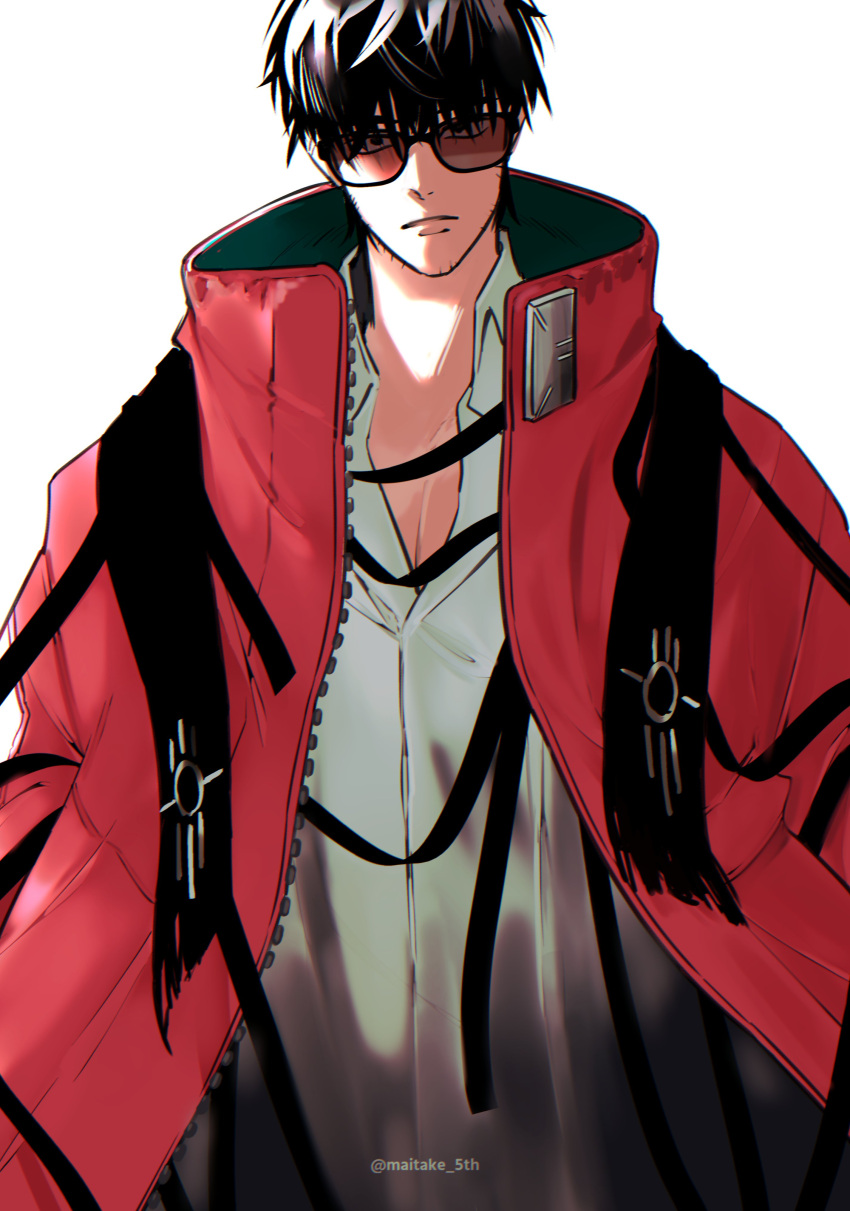1boy absurdres beard_stubble black_eyes black_hair closed_mouth coat collared_shirt cowboy_shot facial_hair grey_shirt highres looking_at_viewer maitake_5th male_focus nicholas_d._wolfwood oversized_clothes partially_unbuttoned red_coat shirt short_hair simple_background solo standing sunglasses trigun trigun_stampede twitter_username white_background