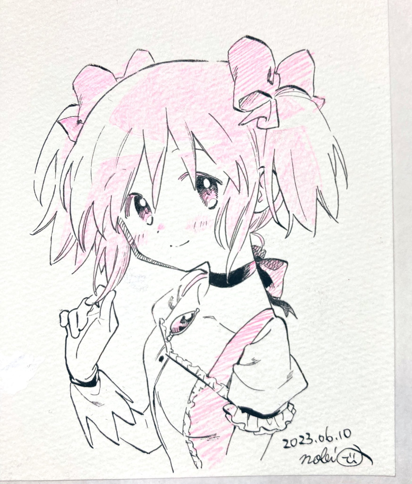 1girl arm_at_side breasts buttons center_frills choker closed_mouth collarbone colored_pencil_(medium) cropped_torso dated dot_nose frilled_sleeves frills gloves hair_ribbon hand_up head_tilt highres holding holding_hair kaname_madoka light_blush looking_at_viewer mahou_shoujo_madoka_magica mahou_shoujo_madoka_magica_(anime) marker_(medium) monochrome no+bi= photo_(medium) pink_eyes pink_hair pink_ribbon pink_theme puffy_short_sleeves puffy_sleeves ribbon ribbon_choker short_sleeves short_twintails sidelocks signature simple_background small_breasts smile solo soul_gem spot_color tareme traditional_media twintails white_background