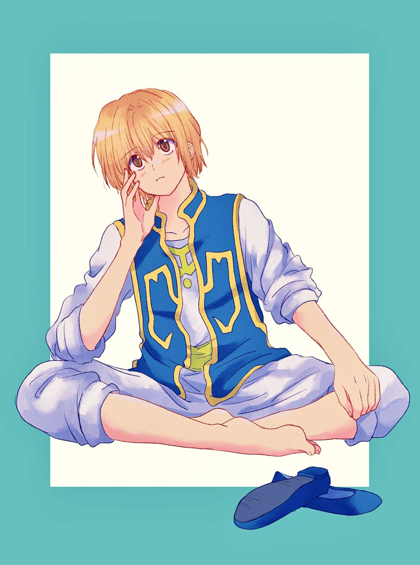1other androgynous barefoot blonde_hair blue_tabard brown_eyes collarbone full_body green_background highres hunter_x_hunter indian_style kurapika looking_at_viewer mtmgmaru shirt short_hair sitting sleeves_rolled_up solo tabard two-tone_background white_background white_shirt