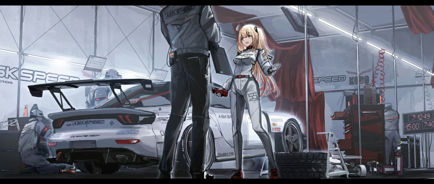 1girl 4boys black_pants blonde_hair brand_name_imitation car commentary garage gloves haguruma_c highres jacket logo_parody long_hair long_sleeves looking_at_another mazda_rx-7 mazda_rx-7_fd monitor motor_vehicle multiple_boys open_mouth original pants people race_vehicle racecar racing_suit spoiler_(automobile) symbol-only_commentary talking vehicle_focus white_gloves white_headwear white_jacket