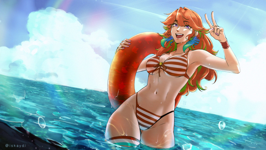 1girl absurdres alternate_costume earrings feather_earrings feathers green_hair highres hololive hololive_english horizontal-striped_swimsuit iskaydi jewelry long_hair multicolored_hair navel ocean open_mouth orange_hair partially_submerged skindentation smile takanashi_kiara two-tone_hair v violet_eyes virtual_youtuber