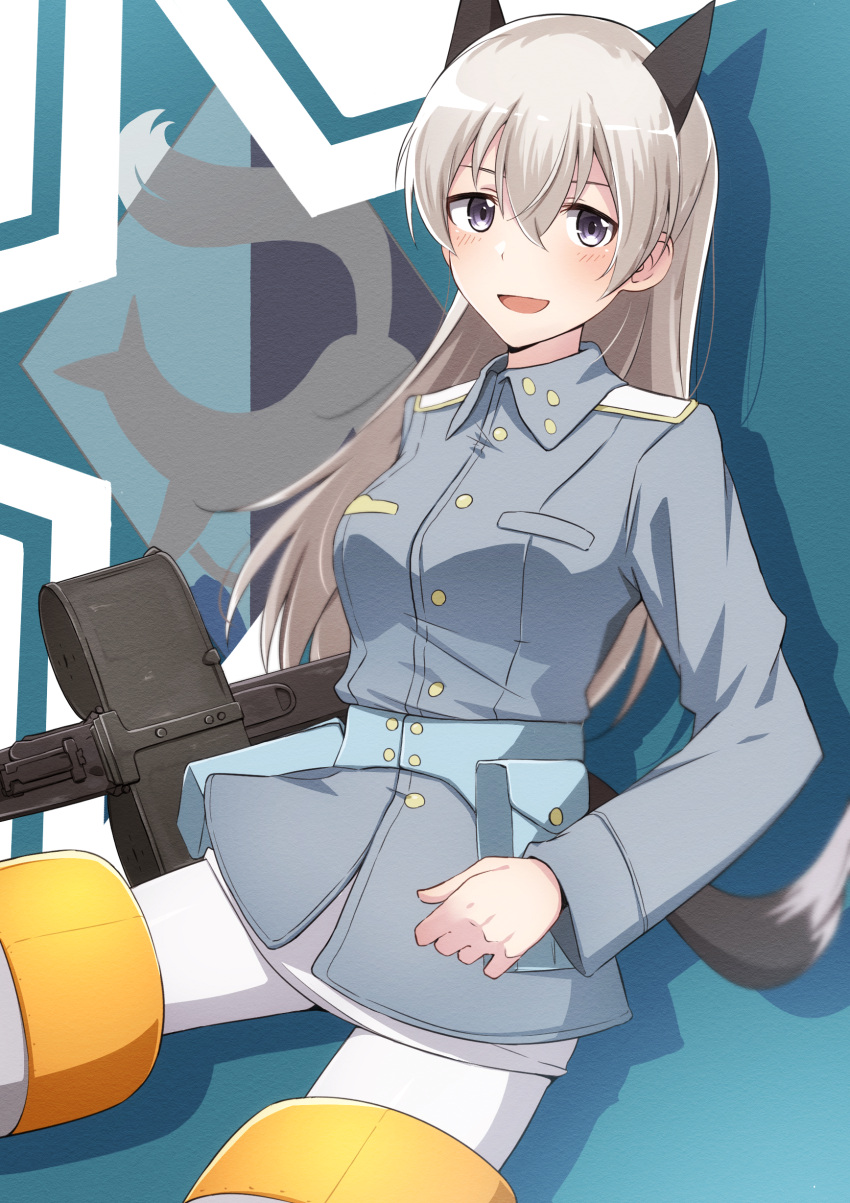 1girl absurdres animal_ears belt_pouch blue_background blue_jacket blush breasts eila_ilmatar_juutilainen emu_1316 fox_ears fox_tail gun hair_between_eyes highres holding holding_gun holding_weapon jacket long_hair long_sleeves looking_at_viewer machine_gun medium_breasts mg42 open_mouth pantyhose pouch smile solo strike_witches tail violet_eyes weapon white_hair white_pantyhose world_witches_series