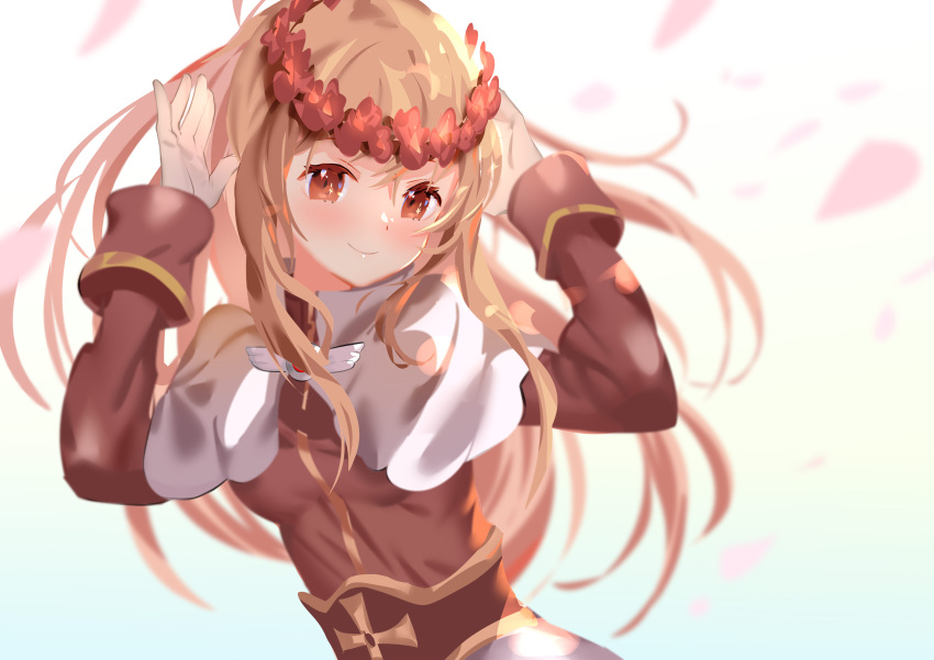 1girl absurdres acolyte_(ragnarok_online) blonde_hair blush breasts brown_eyes brown_shirt capelet closed_mouth commentary_request commission falling_petals flower hair_between_eyes head_wreath highres long_hair long_sleeves looking_at_viewer medium_bangs medium_breasts okishiji_en petals pixiv_commission ragnarok_online red_flower shirt smile solo upper_body white_capelet