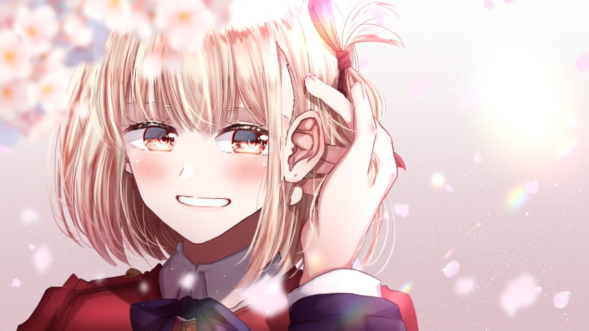 2girls adjusting_another's_hair blonde_hair blue_dress blue_ribbon blurry blurry_foreground blush bob_cut cherry_blossoms clenched_teeth collared_shirt commentary dress ear_blush falling_petals hair_ribbon highres inoue_takina lens_flare light_particles long_sleeves looking_at_viewer lycoris_recoil lycoris_uniform multiple_girls neck_ribbon nishikigi_chisato nndm_ak one_side_up petals piercing_hole portrait pov red_dress red_eyes red_ribbon ribbon shade shirt short_hair single_sidelock smile teeth white_shirt yuri