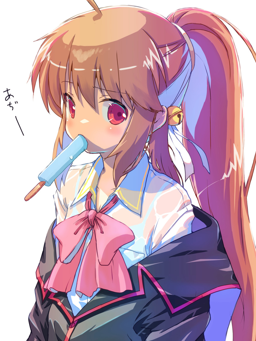 1girl ahoge akayama_yukihe bell black_jacket bow breasts brown_hair collared_shirt commentary_request eyes_visible_through_hair food food_in_mouth hair_bell hair_between_eyes hair_ornament hair_ribbon highres hot jacket light_blush little_busters! long_hair looking_at_viewer natsume_rin off_shoulder pink_bow pink_ribbon ponytail popsicle red_eyes ribbon school_uniform see-through see-through_shirt shirt sidelocks simple_background small_breasts solo sweat translated upper_body very_long_hair white_background white_ribbon white_shirt