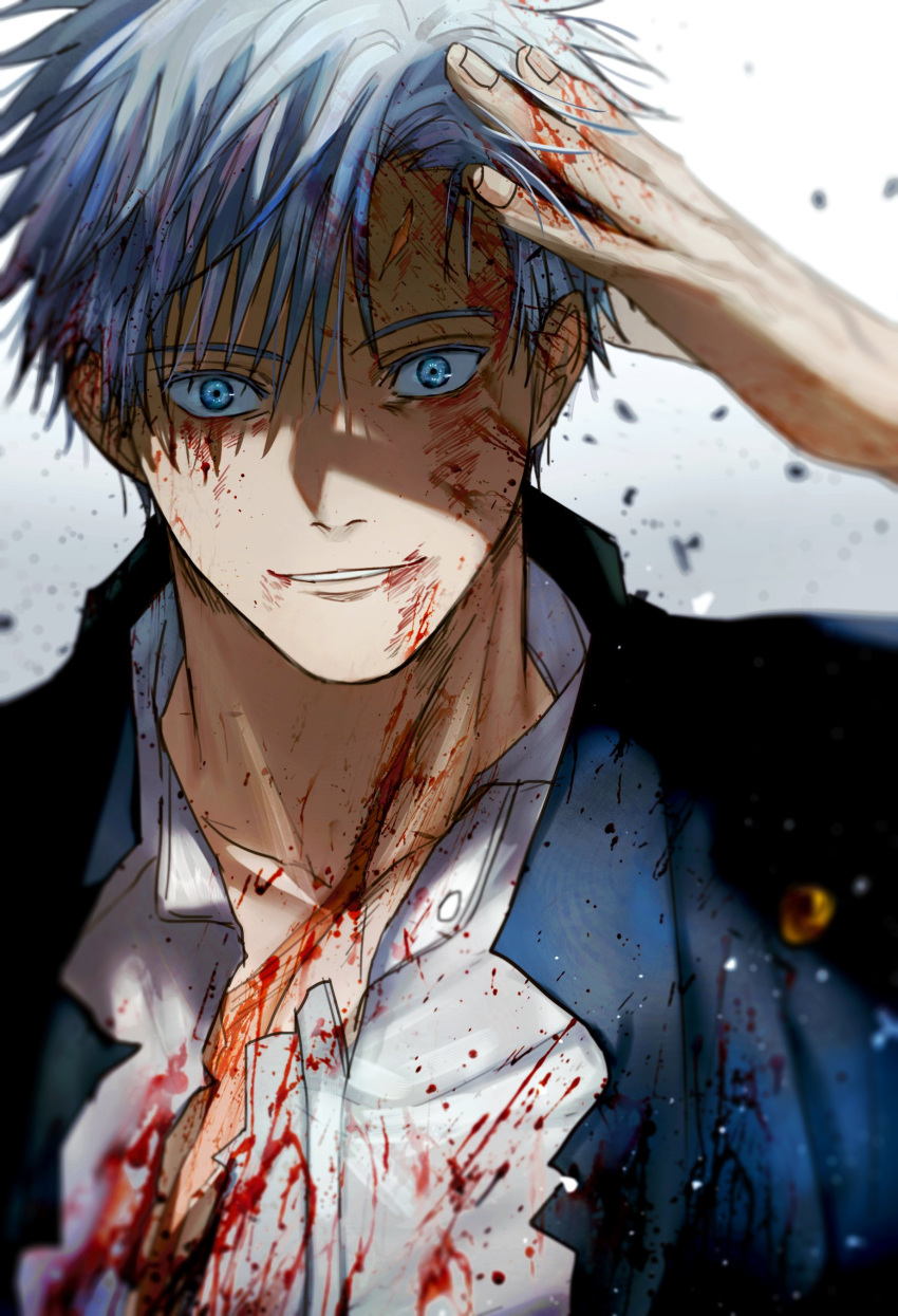 1boy absurdres black_jacket blood blood_on_clothes blood_on_face blue_eyes collarbone collared_shirt gojou_satoru hand_up highres jacket jujutsu_kaisen looking_at_viewer male_focus parted_lips shirt short_hair smile solo upper_body white_background white_hair white_shirt yoon_(dmsco1803)