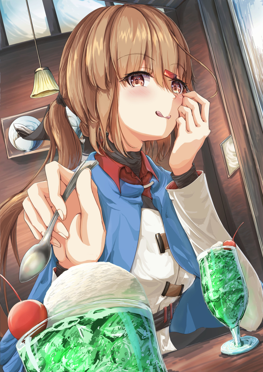 1girl absurdres blue_shawl brown_eyes brown_hair cherry commentary_request cream_soda drink dutch_angle eyebrows_hidden_by_hair food fruit hair_ornament hairclip highres ice_cream ice_cream_float jacket kantai_collection lamp long_hair low_twintails shawl smile solo spool sudachineko tashkent_(kancolle) tongue tongue_out twintails upper_body white_jacket
