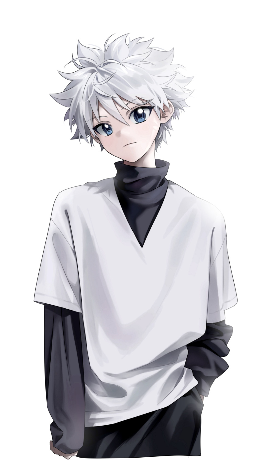 1boy absurdres blue_eyes highres hu_soeun hunter_x_hunter killua_zoldyck layered_sleeves long_sleeves looking_at_viewer male_child male_focus shirt short_hair short_over_long_sleeves short_sleeves simple_background sleeves_past_wrists solo straight-on upper_body white_background white_hair white_shirt