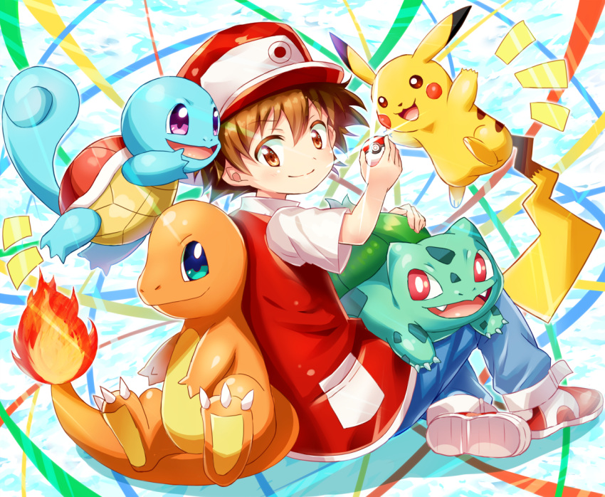 1boy blue_eyes blue_pants bright_pupils brown_eyes brown_hair bulbasaur charmander claws fangs hair_between_eyes hat holding holding_poke_ball jacket male_child male_focus multicolored_background mushuu open_mouth pants pikachu poke_ball poke_ball_(basic) pokemon pokemon_(creature) pokemon_(game) pokemon_rgby red_(pokemon) red_eyes red_footwear red_headwear red_jacket shirt short_sleeves sitting sleeveless sleeveless_jacket squirtle violet_eyes white_pupils white_shirt