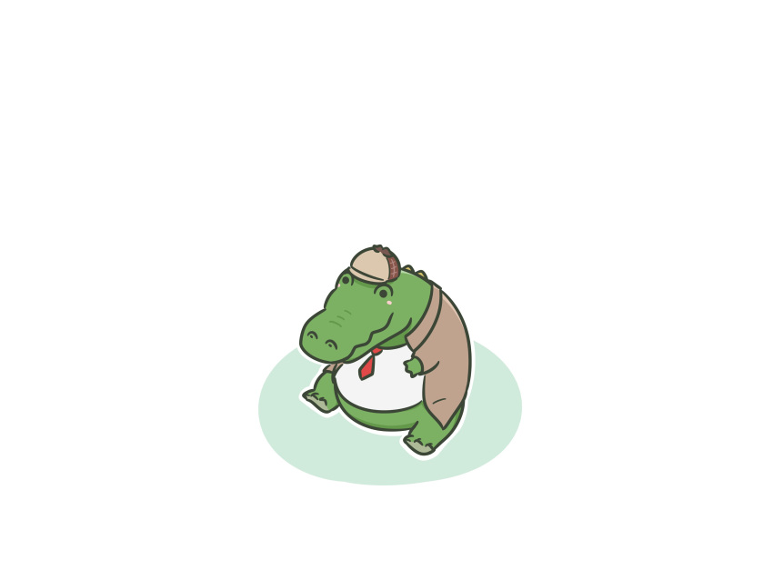1other absurdres alligator chibi commentary crocodile crocodilian deerstalker english_commentary fat hat highres hololive hololive_english investigator_(amelia_watson) mpien necktie no_humans red_necktie shirt simple_background smile trench_coat virtual_youtuber white_background white_shirt